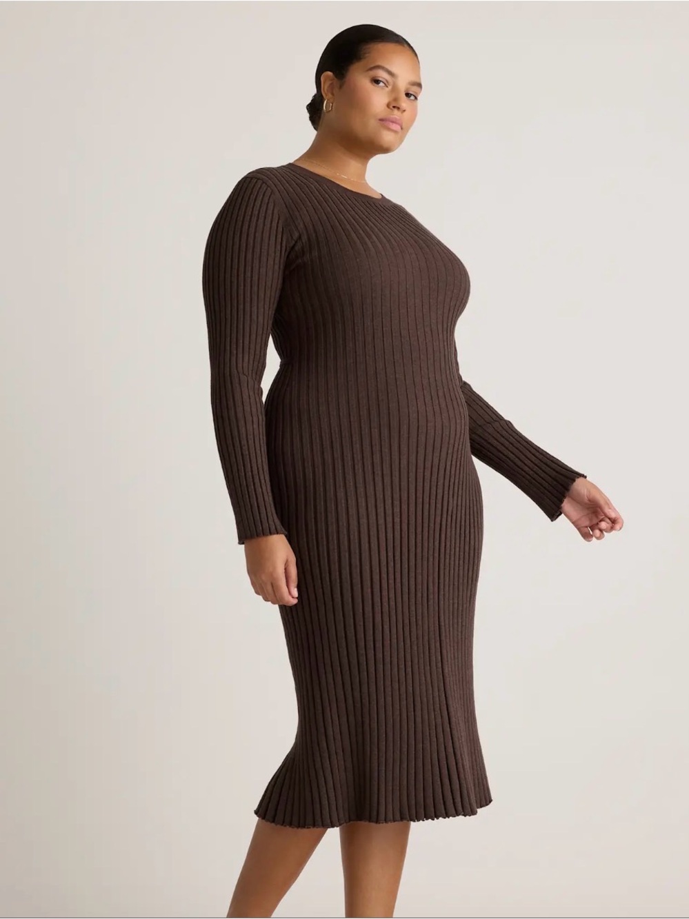 Quince Cotton Cashmere Long Sleeve Crew Midi Dress Ribbed in Mocha Heather